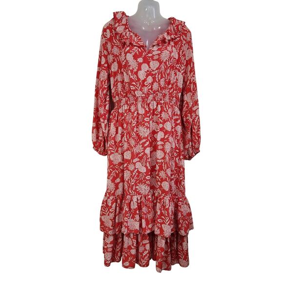 Universal Thread Floral Balloon Long Sleeve Ruffle Shift Dress Red Size Medium - Picture 1 of 9